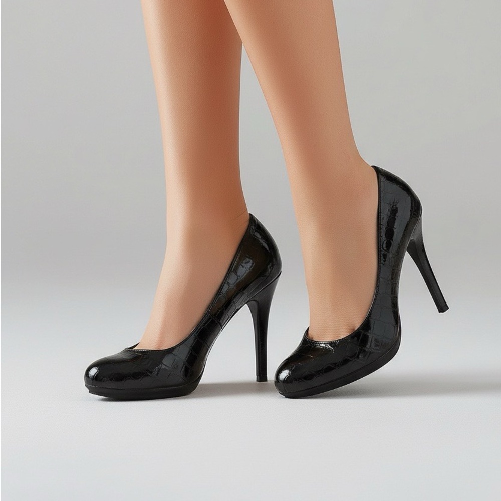 Black Quilted patent leather look high heel pumps